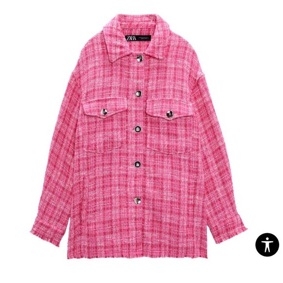 Zara Women’s S Oversized Shirt Jacket Pink Bouclee Plaid Tweed Fringe Hem Barbie - Picture 2 of 10